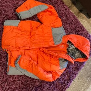 Orange and grey winter coat, sz M (8).  Only worn a few times. Fuzzy hood